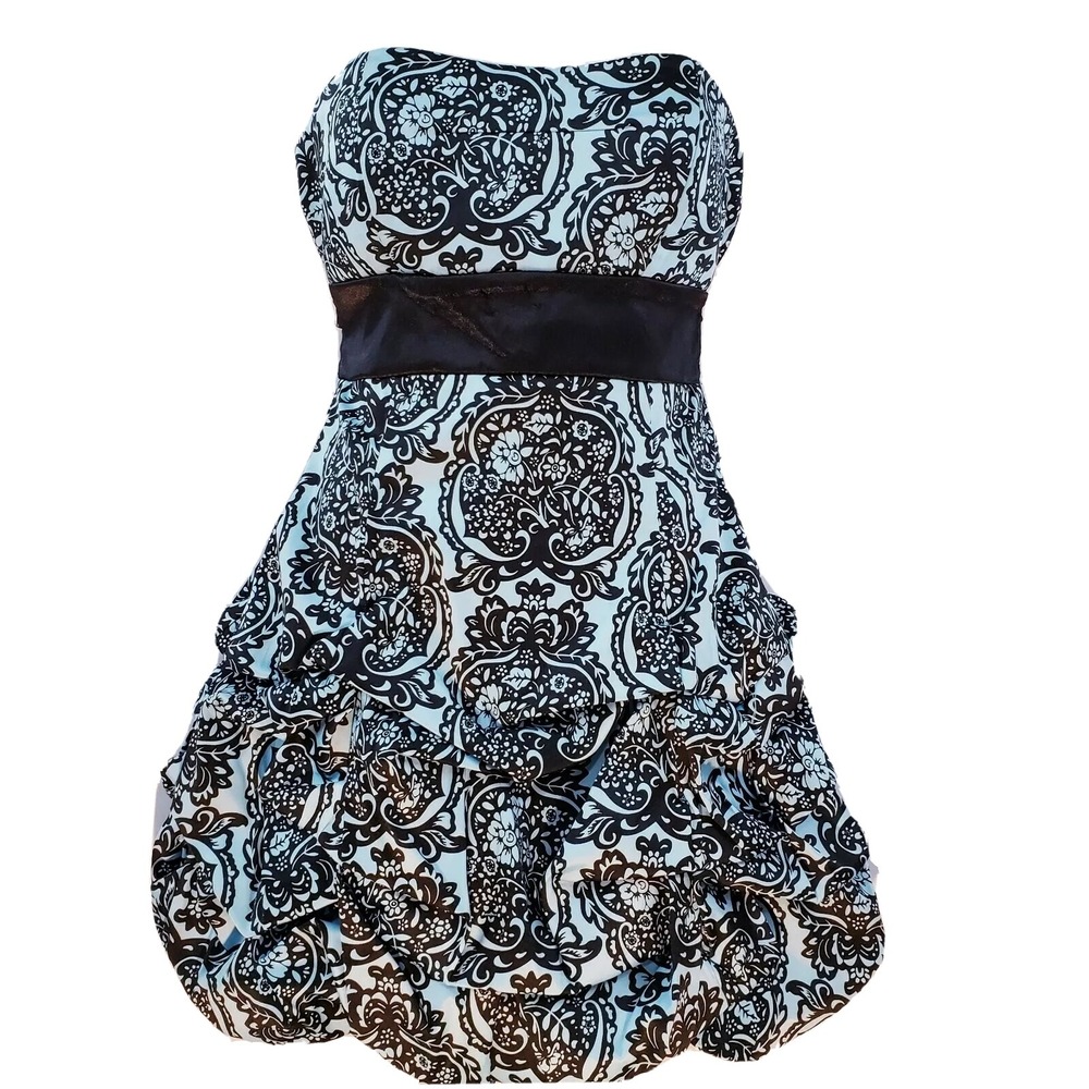Strapless Dress Damask Bubble Hem Cocktail Blue Black Satin Bow Sweetheart S
